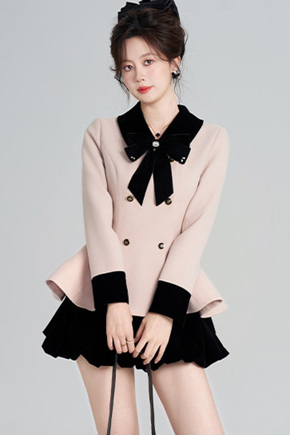 Pink Woolen Coat and Black Skirt Set-Up