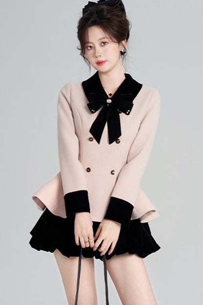 Pink Woolen Coat and Black Skirt Set-Up
