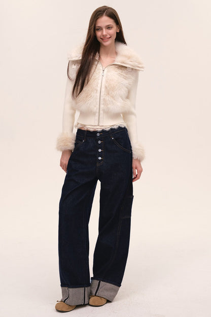 Layered-Look Fur Patchwork Knit Jacket