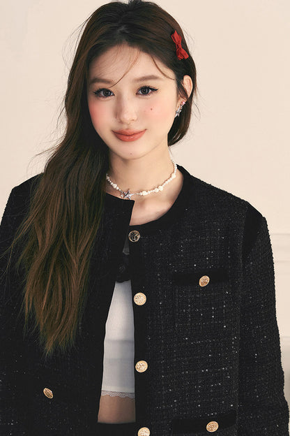 Velvet Patchwork Tweed Jacket and Skirt Set-Up