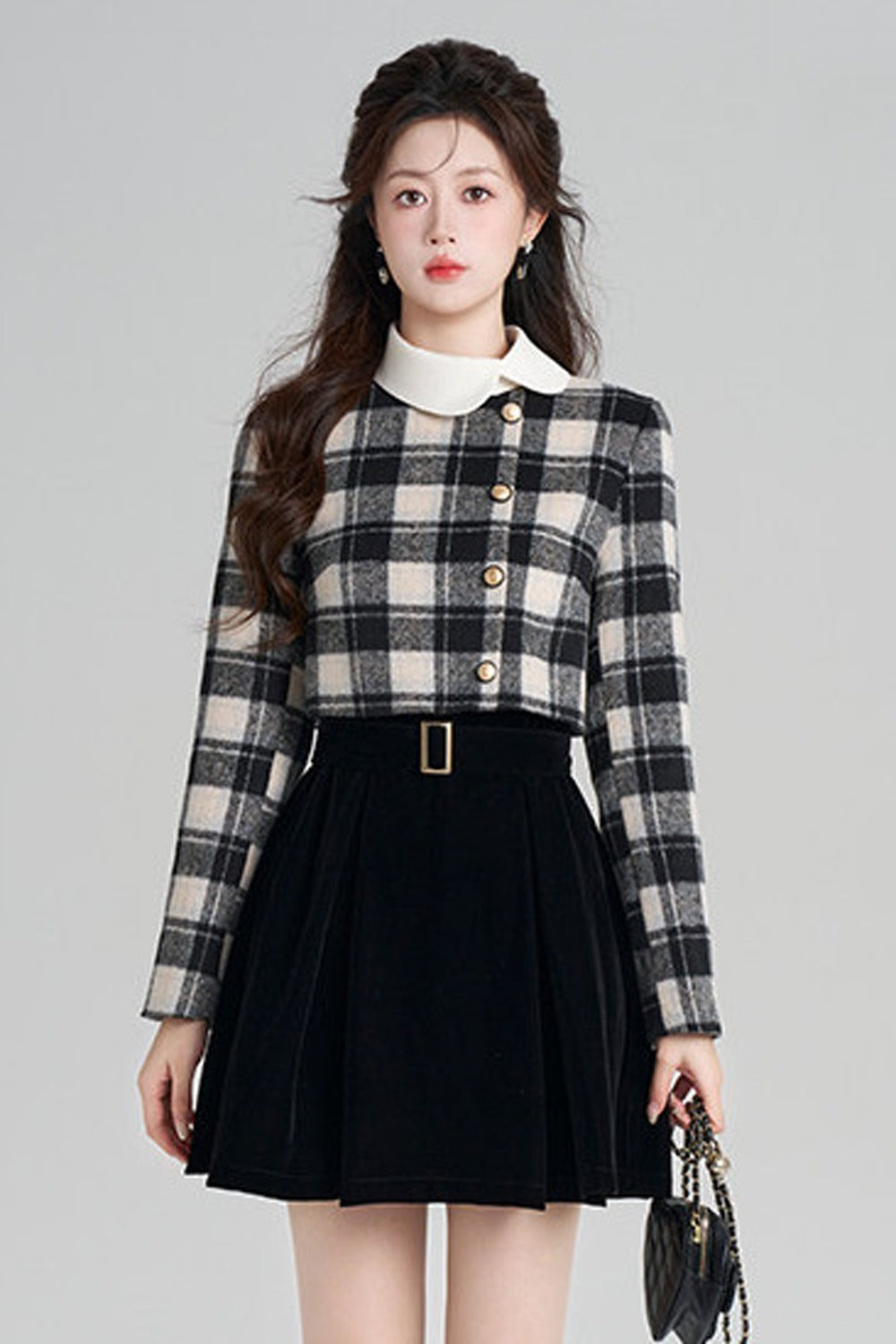 Layered-Look Plaid Velvet A-Line Dress