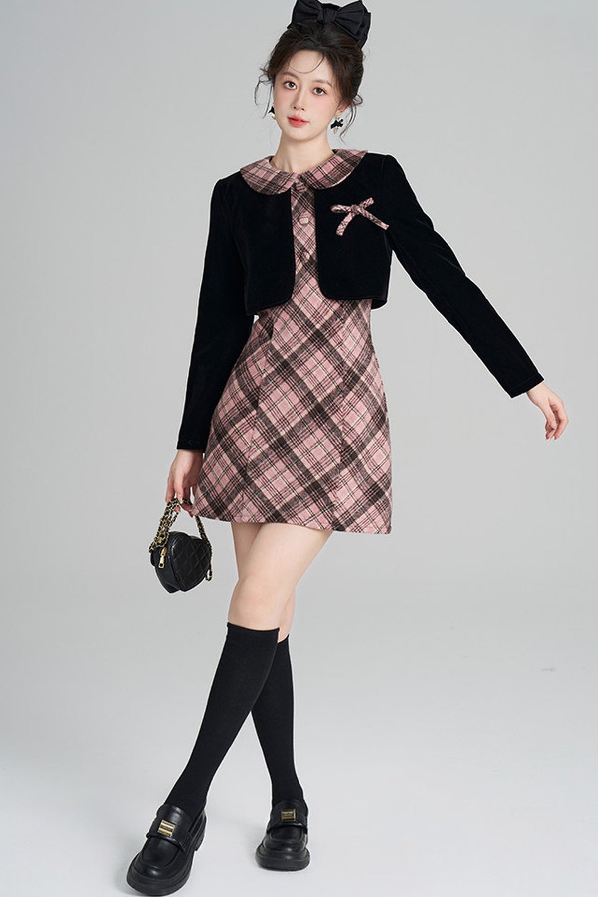 Layered-Look A-Line Plaid Dress