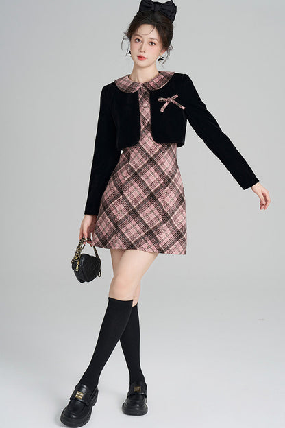 Layered-Look A-Line Plaid Dress