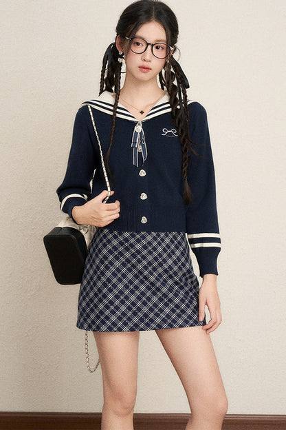 Bow Sailor Collar Knit Cardigan Set-Up