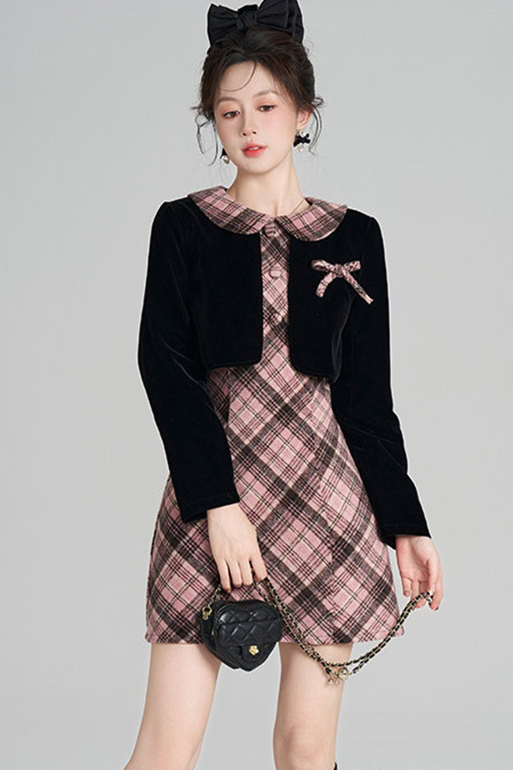Layered-Look A-Line Plaid Dress