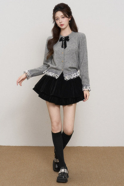 Gray Mesh Spliced Cardigan
