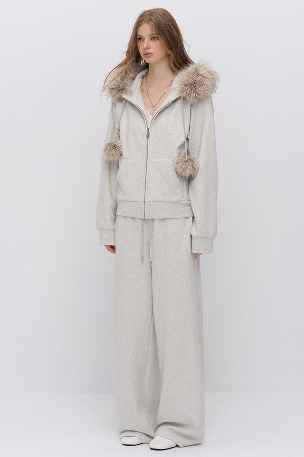 Fur Trim Hooded Sweatshirt and Sweatpants Set-Up