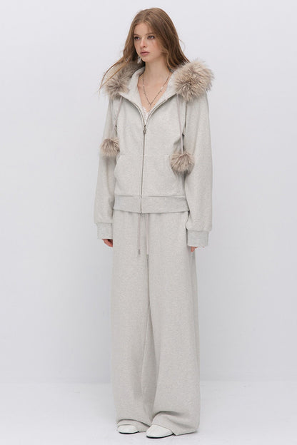 Fur Trim Hooded Sweatshirt and Sweatpants Set-Up
