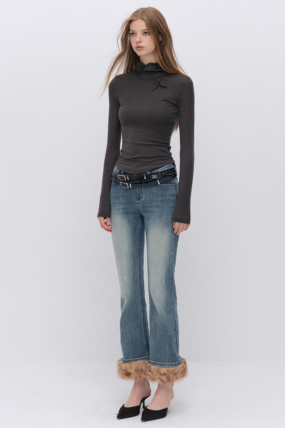 Detachable Frayed Hem Washed Flared Jeans