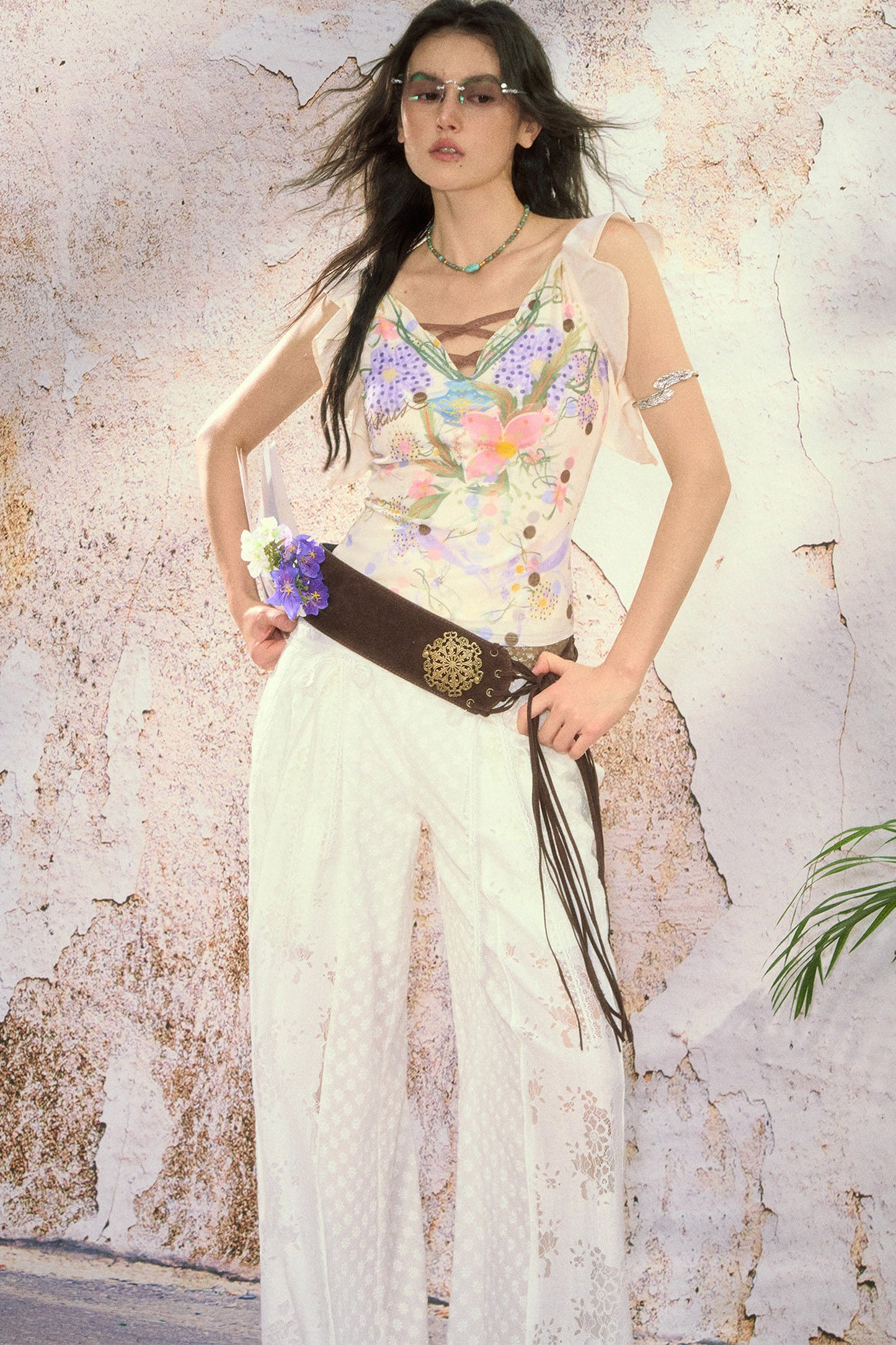 Hand-Painted Floral Print Ruffle Cross Tie Top