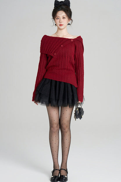 Off-Shoulder Knit Top and Skirt Set-Up