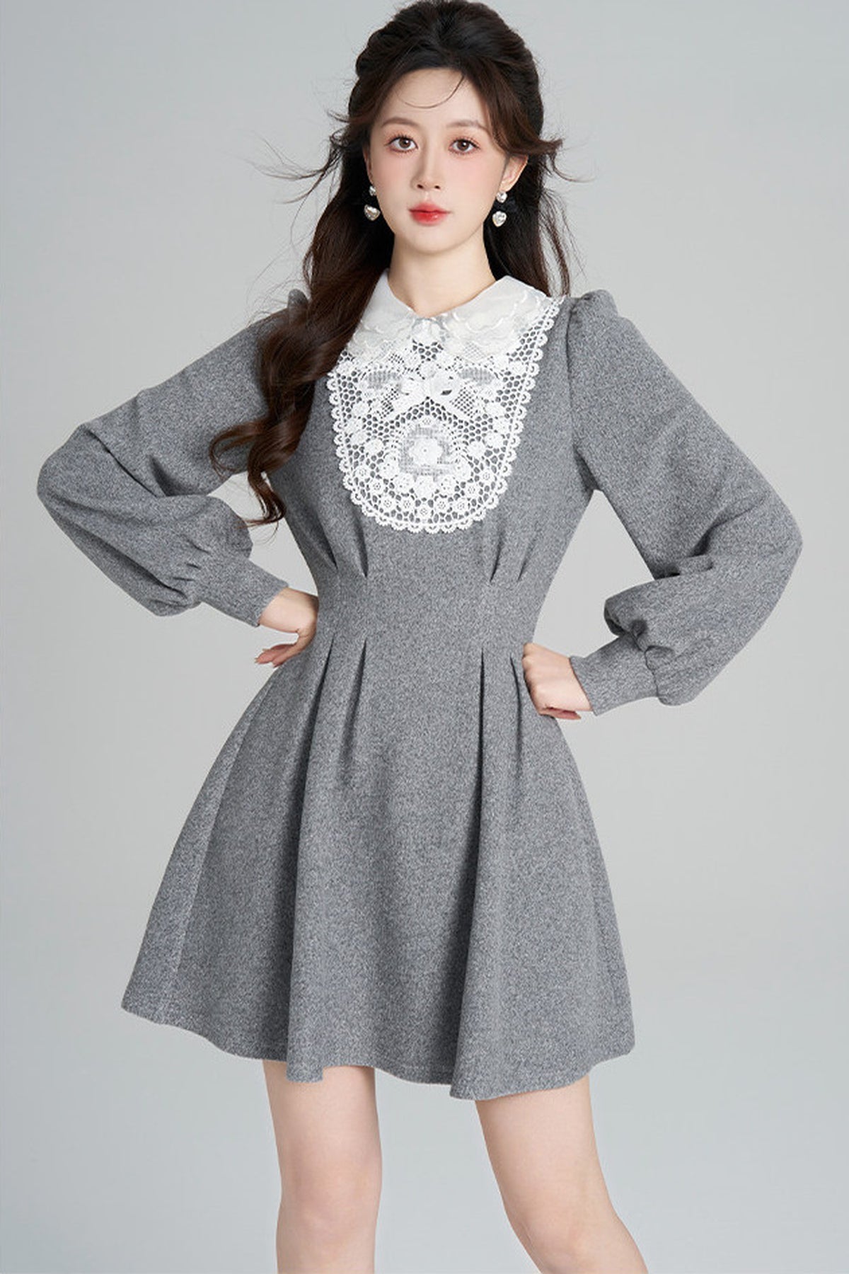 Lace Patchwork Puff Sleeve Dress