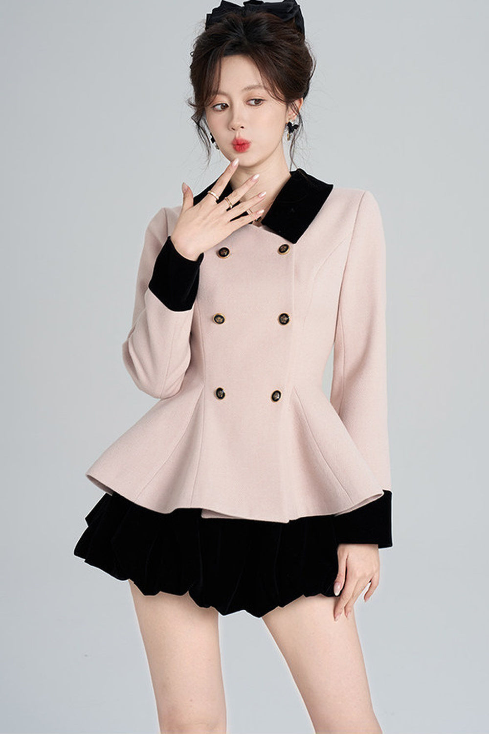 Pink Woolen Coat and Black Skirt Set-Up