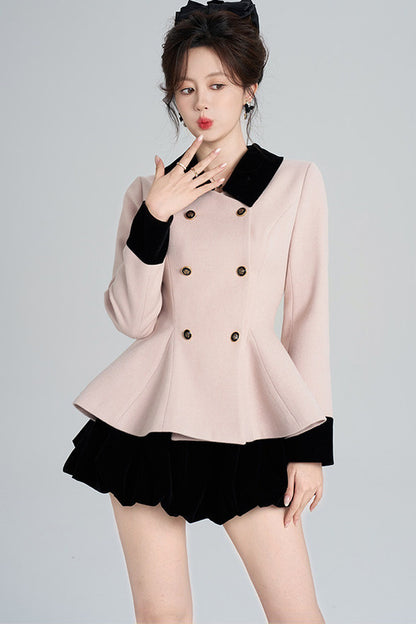 Pink Woolen Coat and Black Skirt Set-Up