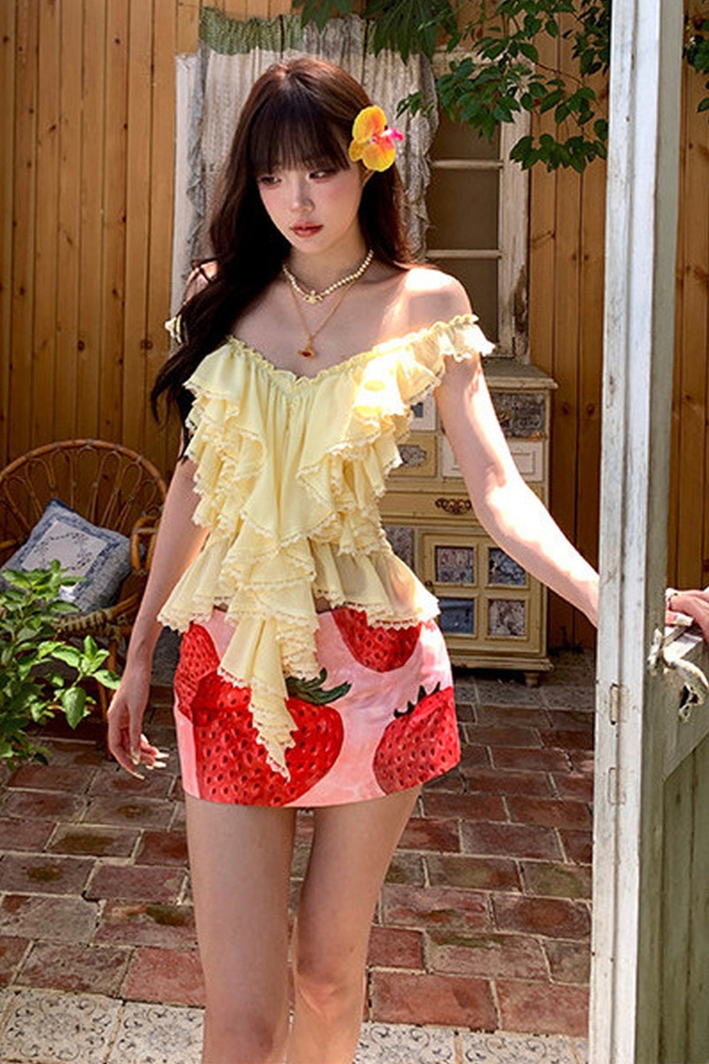 Yellow Ruffle Halter Top and Strawberry Skirt Set-Up
