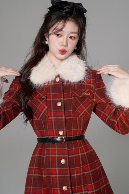 Red Christmas Plaid Woolen Coat