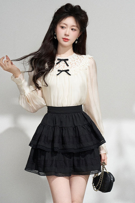 Apricot Lace Long-Sleeve Shirt and Skirt Set-Up