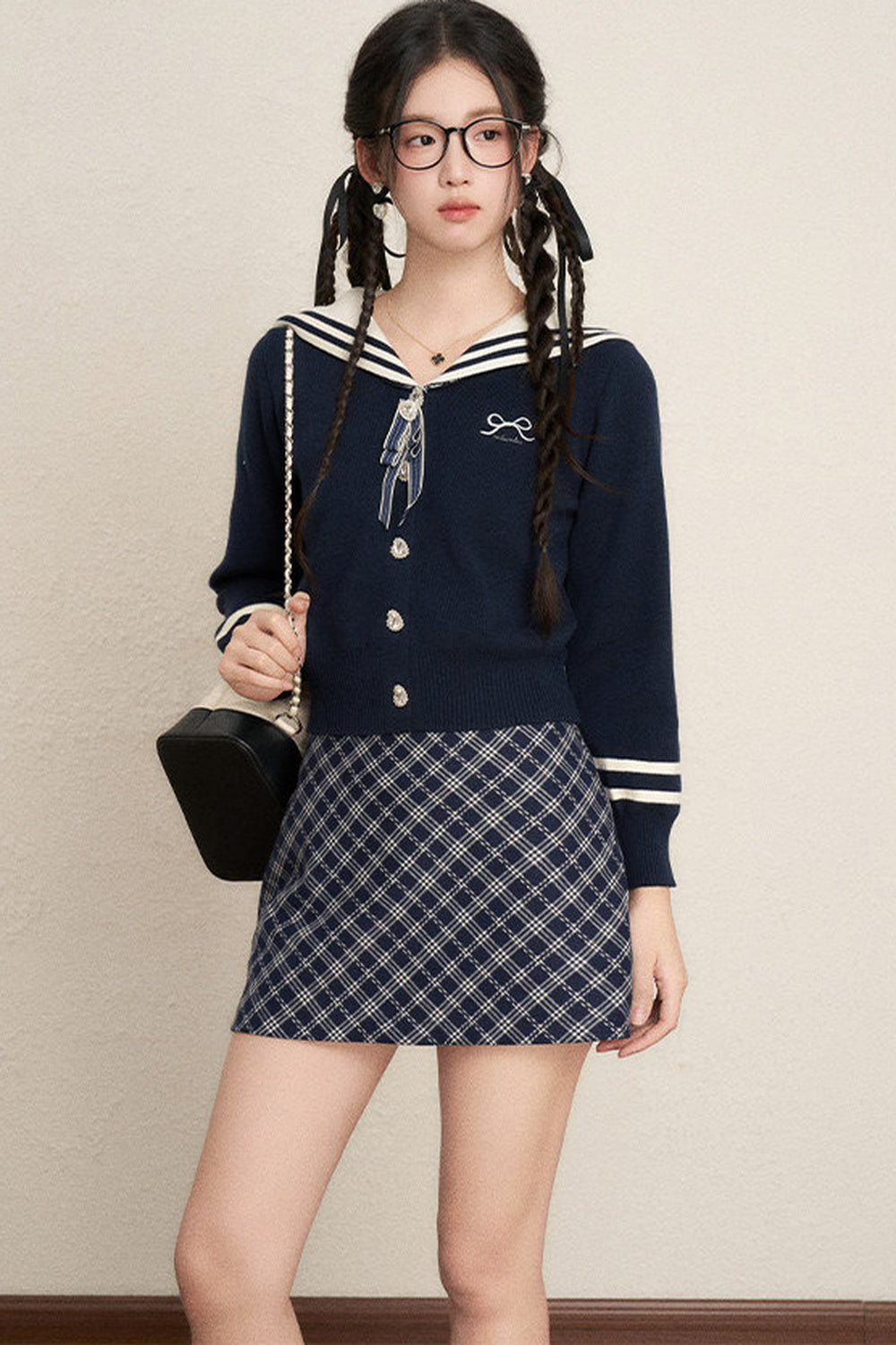 Bow Sailor Collar Knit Cardigan Set-Up
