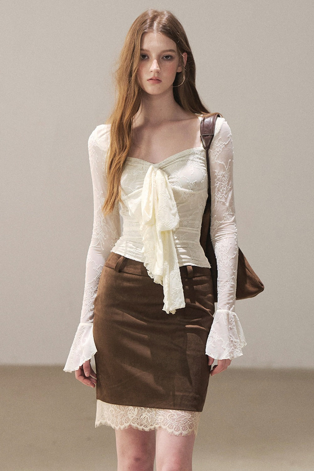 Brown Lace Hem Pencil Skirt