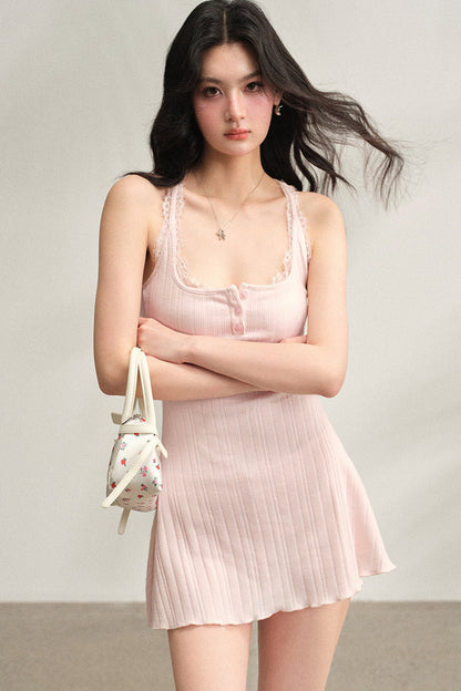 Ribbed Lace Vest Dress with Cardigan Set-Up