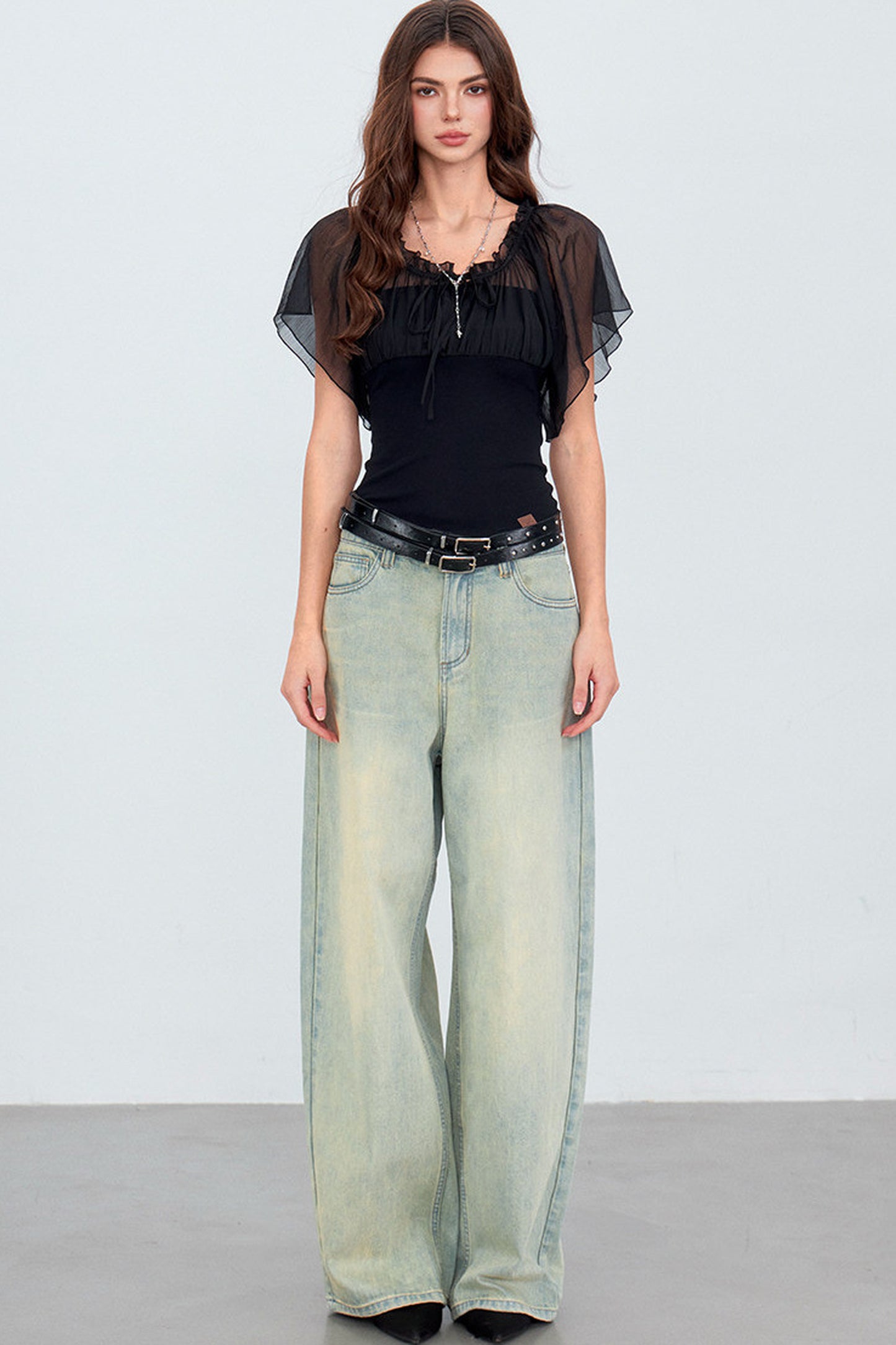 Gauze Patchwork Ruffle Top