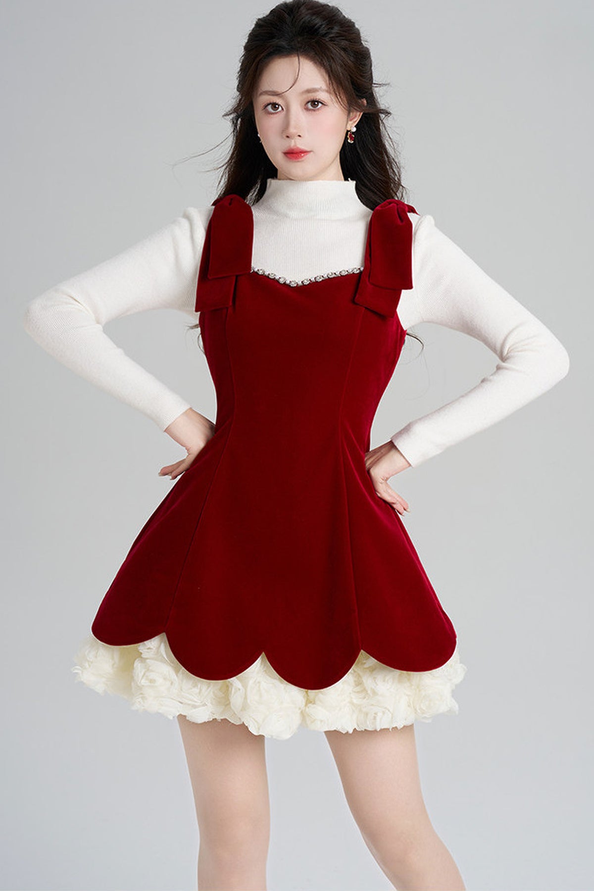 Red Velvet Dress and White Top Set-Up