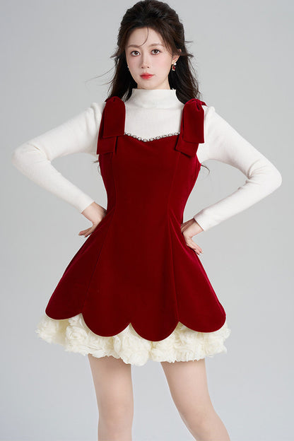 Red Velvet Dress and White Top Set-Up