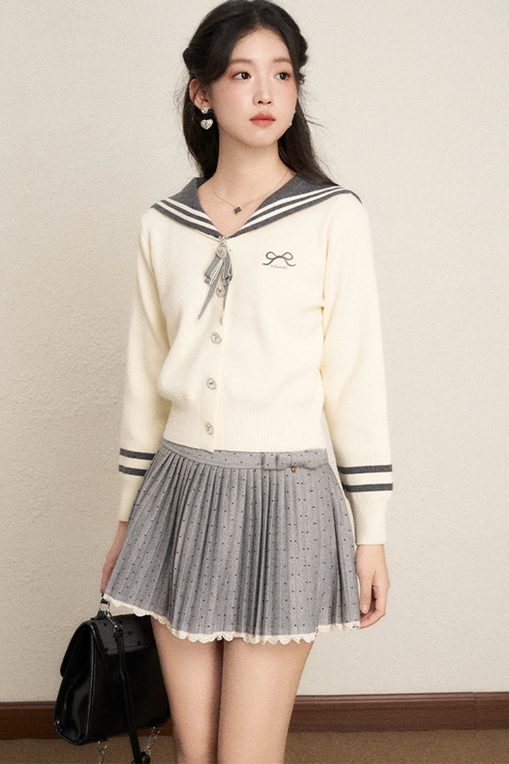Bow Sailor Collar Knit Cardigan Set-Up