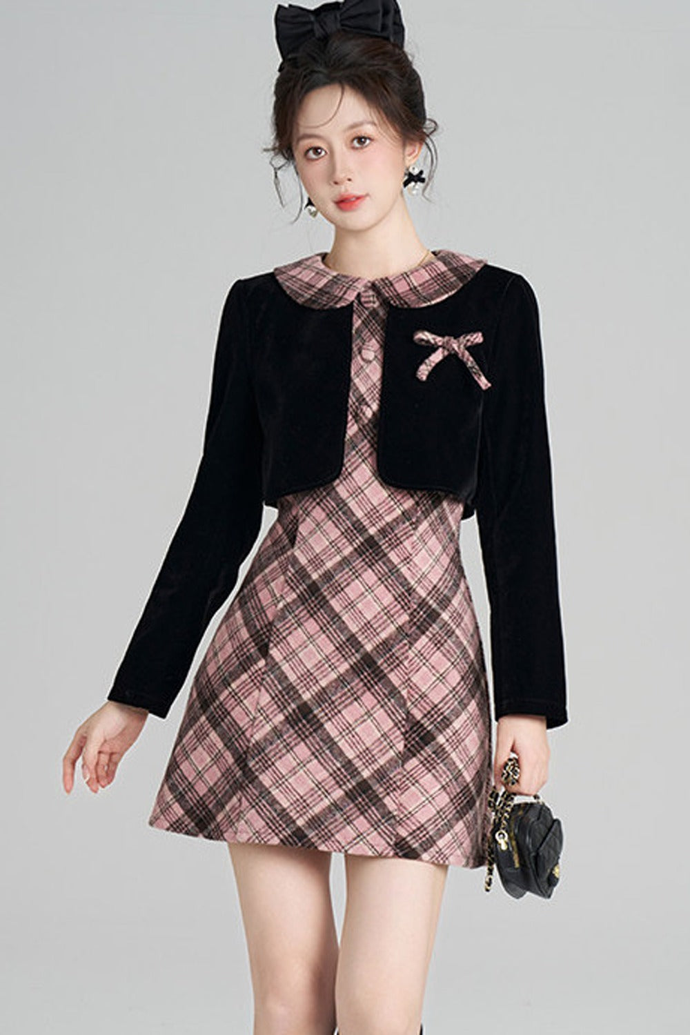 Layered-Look A-Line Plaid Dress