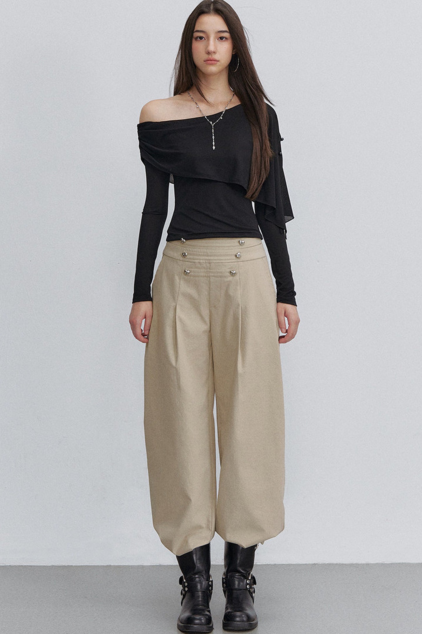 Asymmetric One-Shoulder Button Shawl Long Sleeve Top