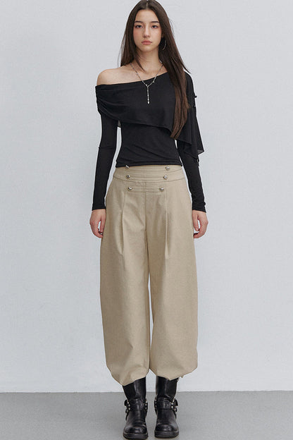 Asymmetric One-Shoulder Button Shawl Long Sleeve Top