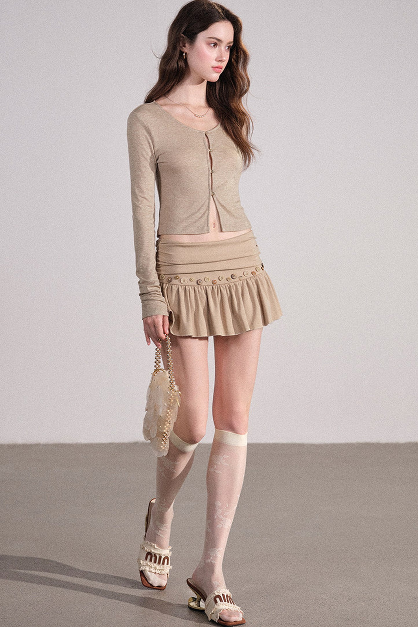 Wavy Hem Suspender Dress and Cardigan Set-Up
