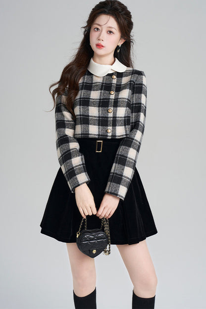 Layered-Look Plaid Velvet A-Line Dress