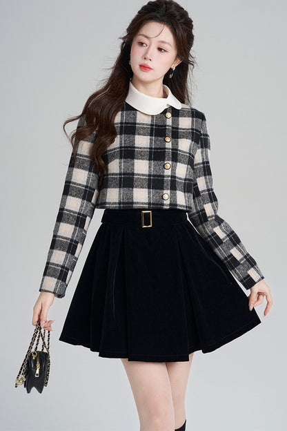 Layered-Look Plaid Velvet A-Line Dress