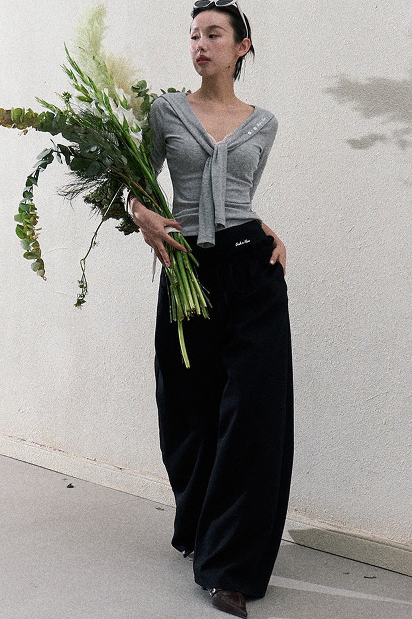 Liquid Cotton Ruffle Wide-Leg Pants