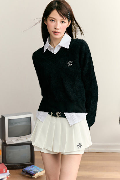 Imitation Mink Fur V-Neck Pullover Sweater
