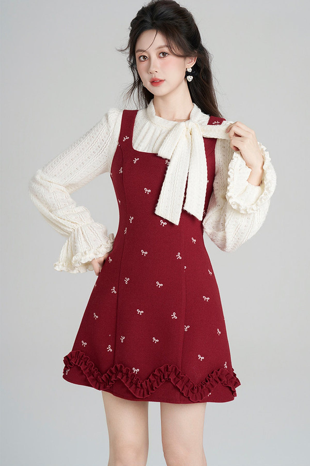 Red Sleeveless Dress and Apricot Top Set-Up
