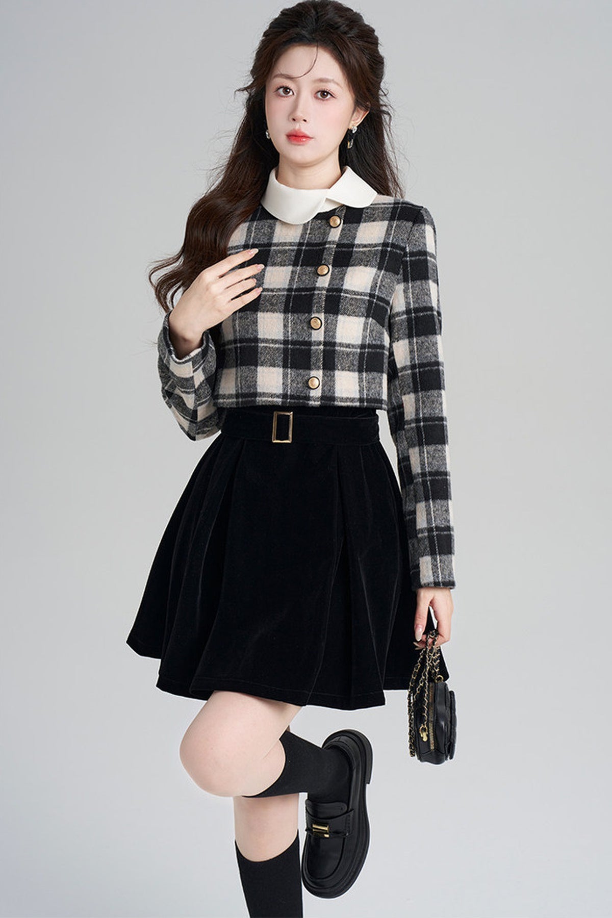 Layered-Look Plaid Velvet A-Line Dress