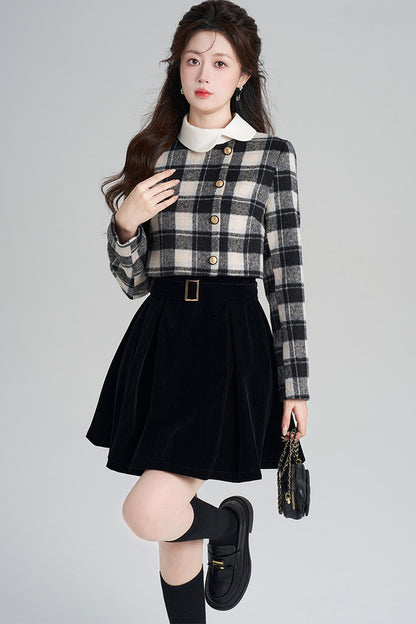 Layered-Look Plaid Velvet A-Line Dress