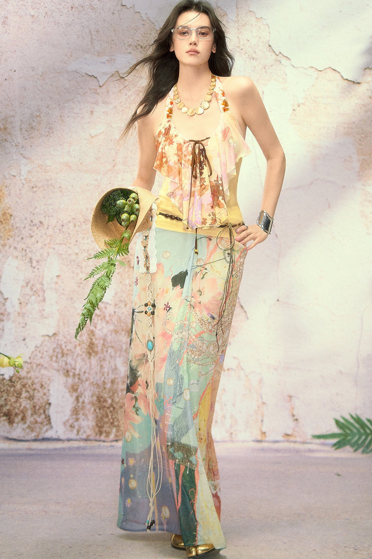Floral Print Halter Ruffle Neck Camisole