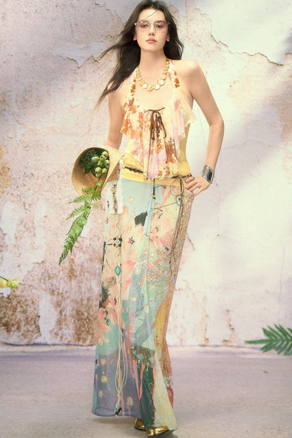 Floral Print Halter Ruffle Neck Camisole