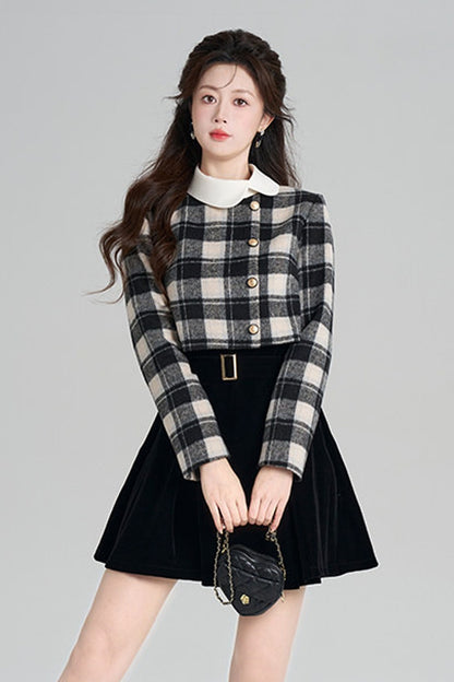 Layered-Look Plaid Velvet A-Line Dress