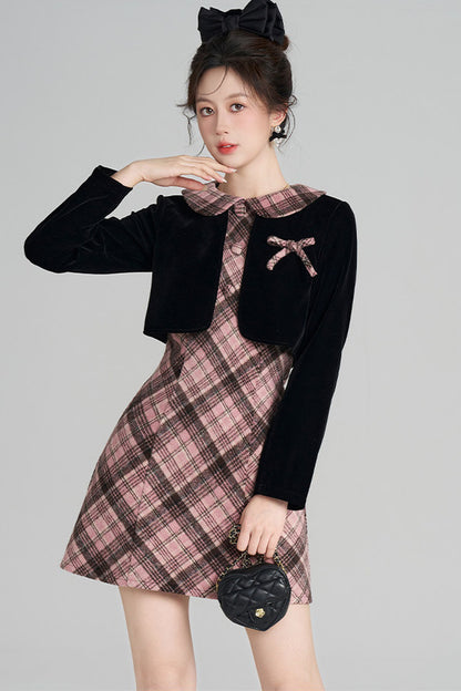 Layered-Look A-Line Plaid Dress