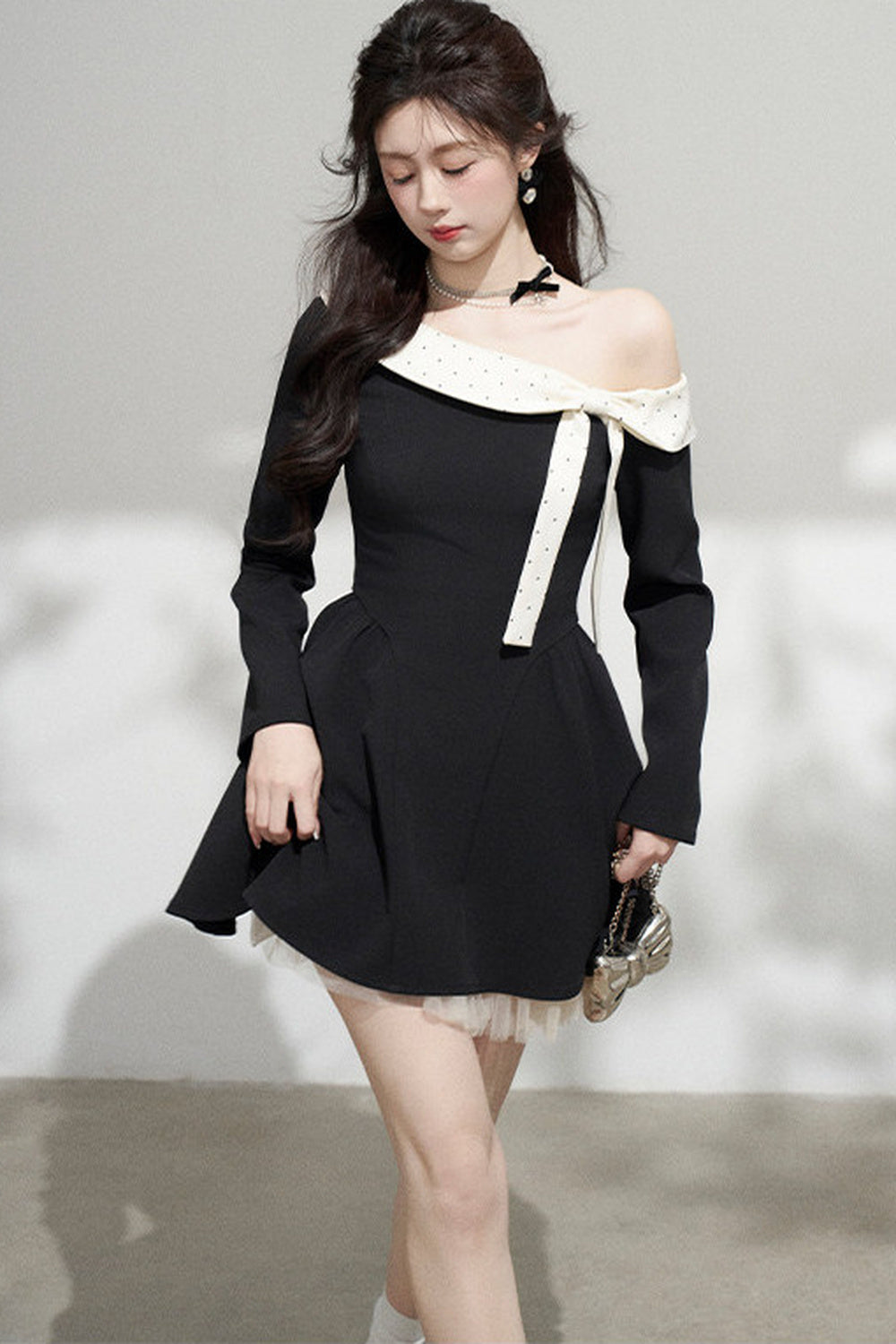 Black Off-Shoulder Mesh Dress