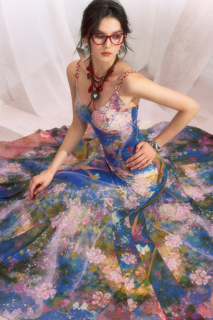 Neckholderkleid mit Ölgemälde-Print und weitem Saum
