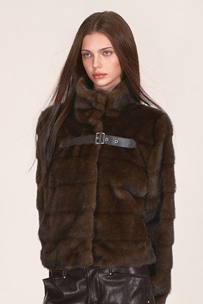 Stand Collar Faux Mink Fur Jacket