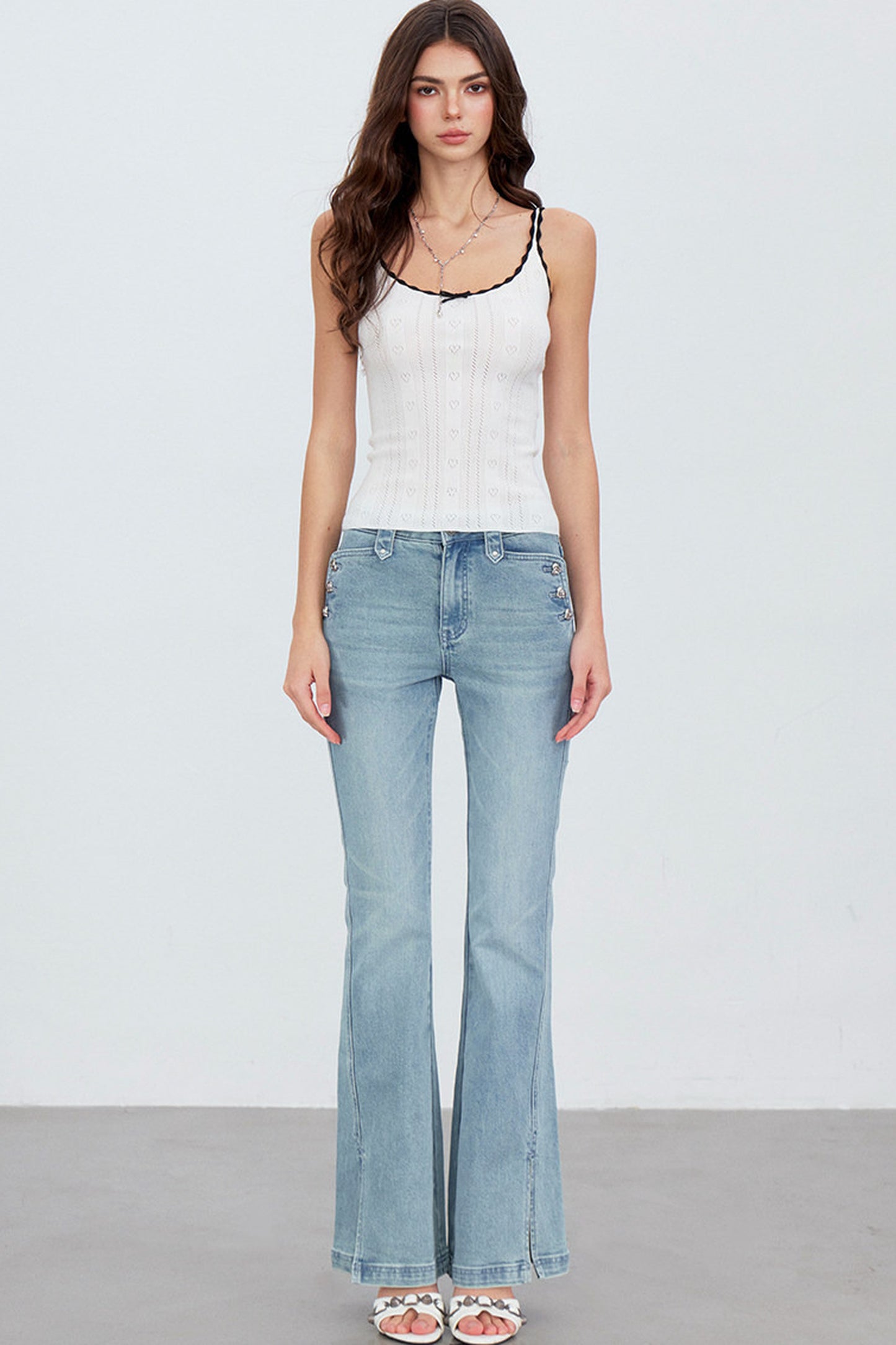 Heart Button Slit Flared Jeans