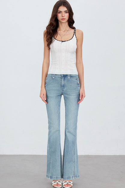 Heart Button Slit Flared Jeans