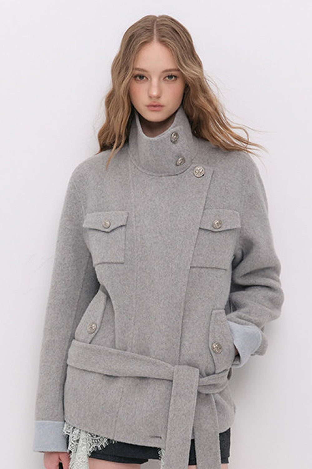 Belted Stand Collar Wool Coat