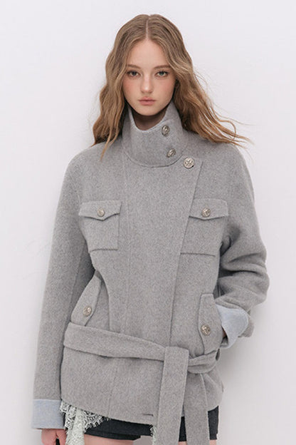 Belted Stand Collar Wool Coat